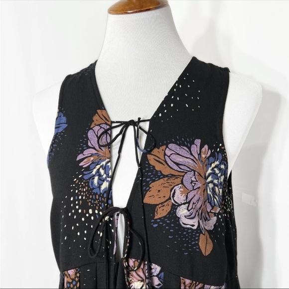 Free People Lovely Day Printed Tie Tunic Dress Black Combo Plunging - Picture 13 of 14